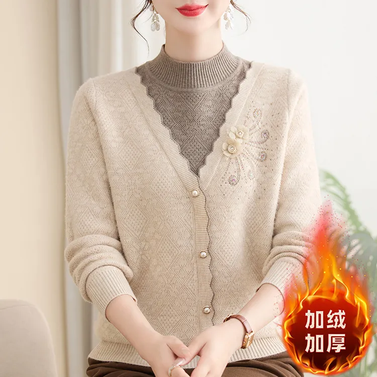 妈妈加厚一体绒针织毛衣秋冬宽松中老年假两件上衣打底外穿#25237