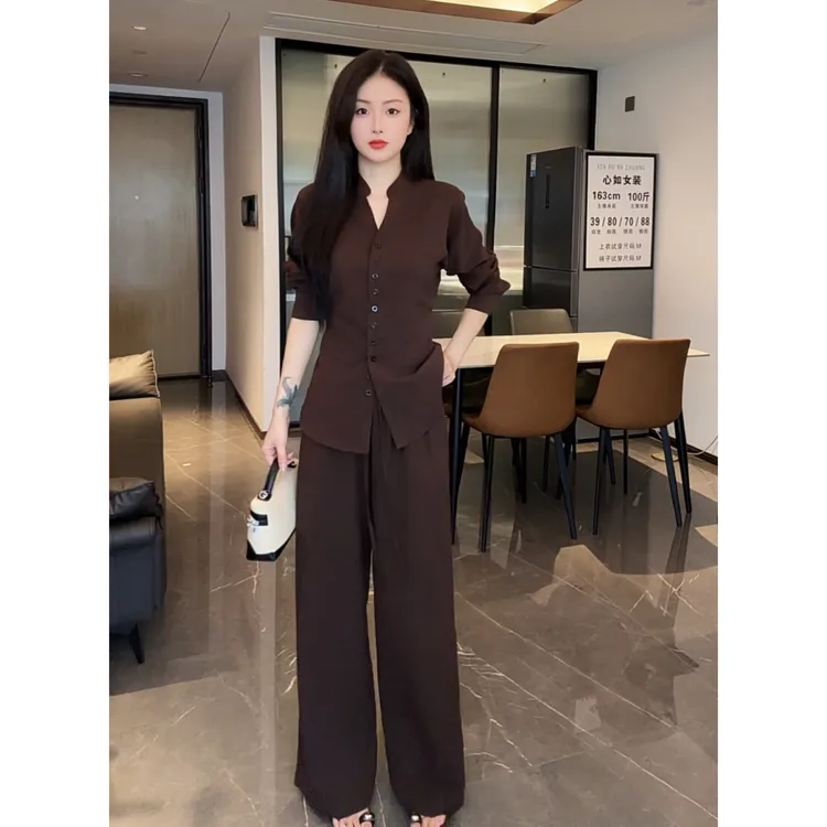 【XINRU心如】极简老钱风时尚套装女V领长袖衬衫宽松阔腿裤休闲两件套TT696