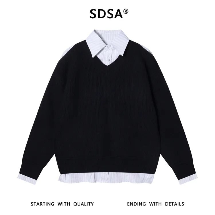 SDSA男士秋冬新款痞帅男装设计师简约撞色翻领假两件毛衣时尚百搭