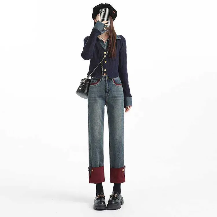 新款拼接设计烟管牛仔裤女复古蓝黑色裤九分裤显高显瘦百搭直筒裤