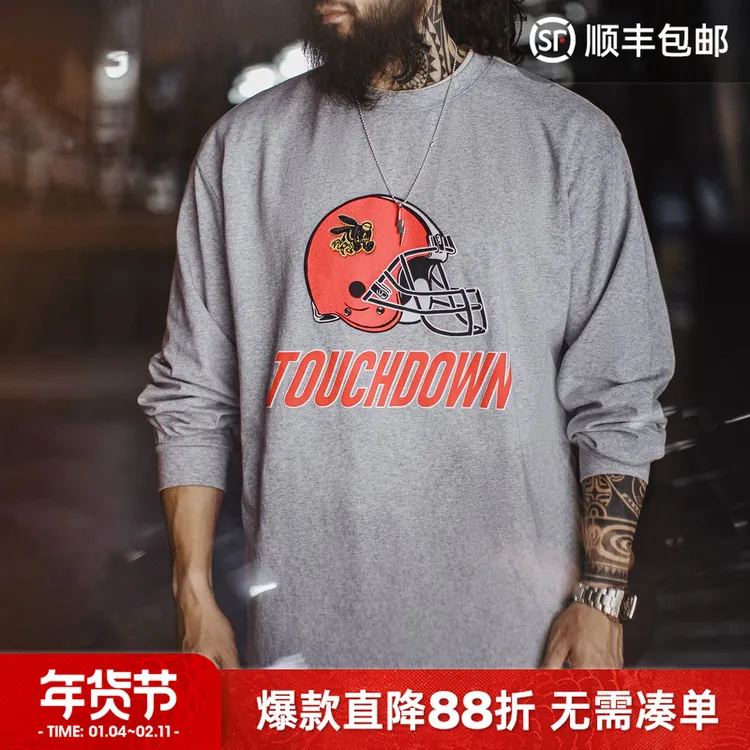 马登工装美式复古刺绣印花长袖T恤灰色圆领套头落肩卫衣外套男夏