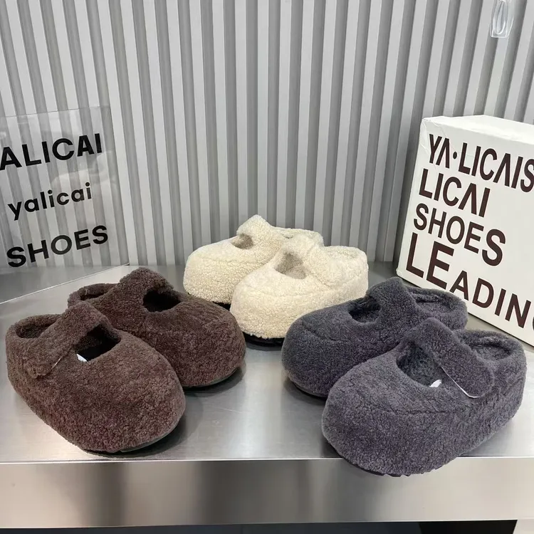 欧货毛呢松糕厚底毛毛鞋女百搭魔术贴浅口玛丽珍小个子增高乐福鞋