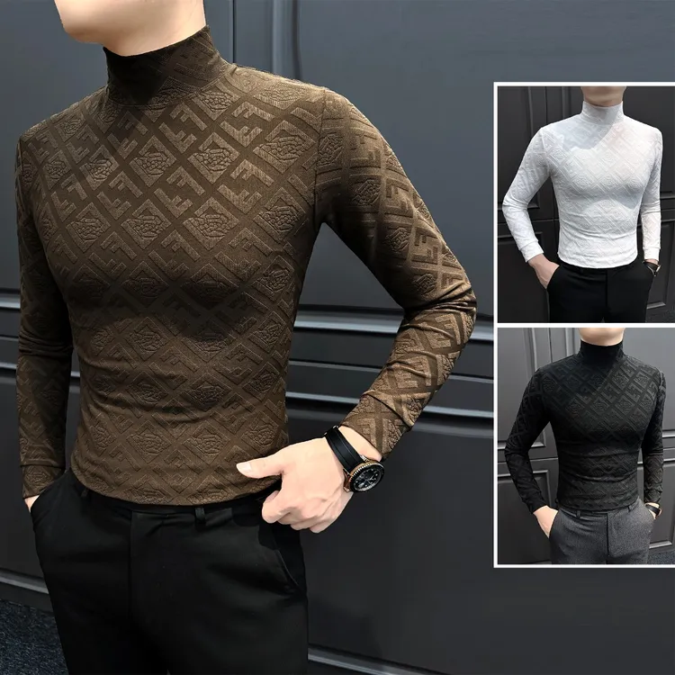 提花半高领男士长袖t恤爆款2025新款秋冬季痞帅高级感男款打底衫