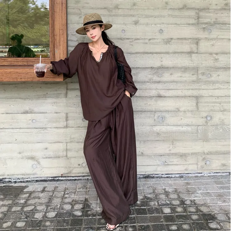 老钱风慵懒套装清新文艺手工缝扣v领宽松显瘦上衣高腰阔腿休闲裤