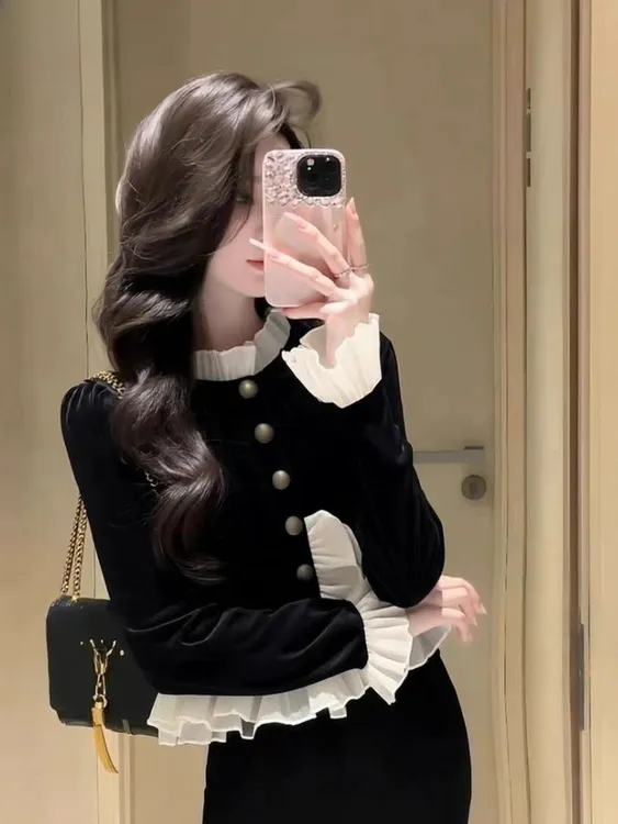 法式小香风丝绒衬衫女2025秋冬新款荷叶边拼接显瘦高级感内搭上衣