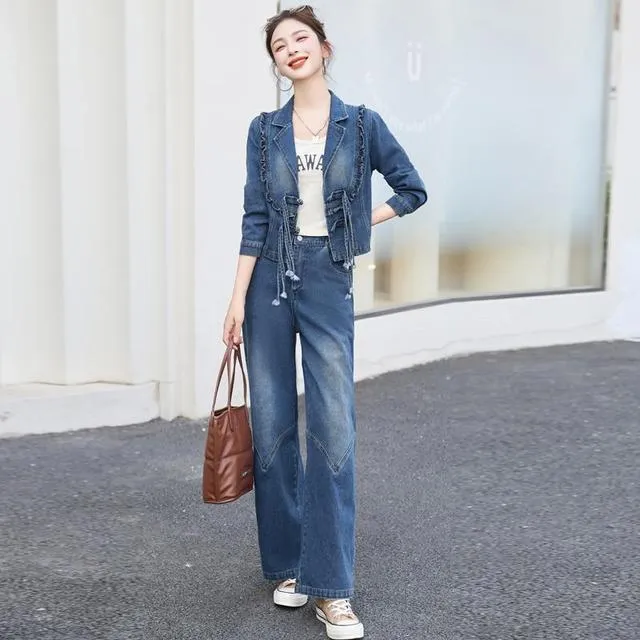 牛仔阔腿裤套装女2025春秋新款时尚休闲减龄显瘦短外套洋气两件套