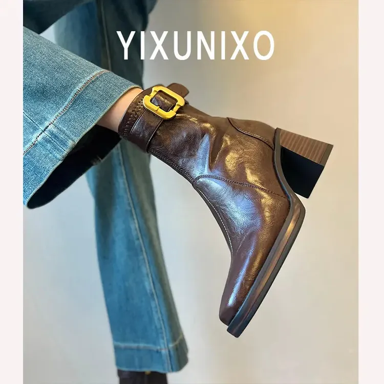 羊皮版~静音底方头高跟短靴女轻奢粗跟瘦瘦靴百搭显瘦新款马丁靴