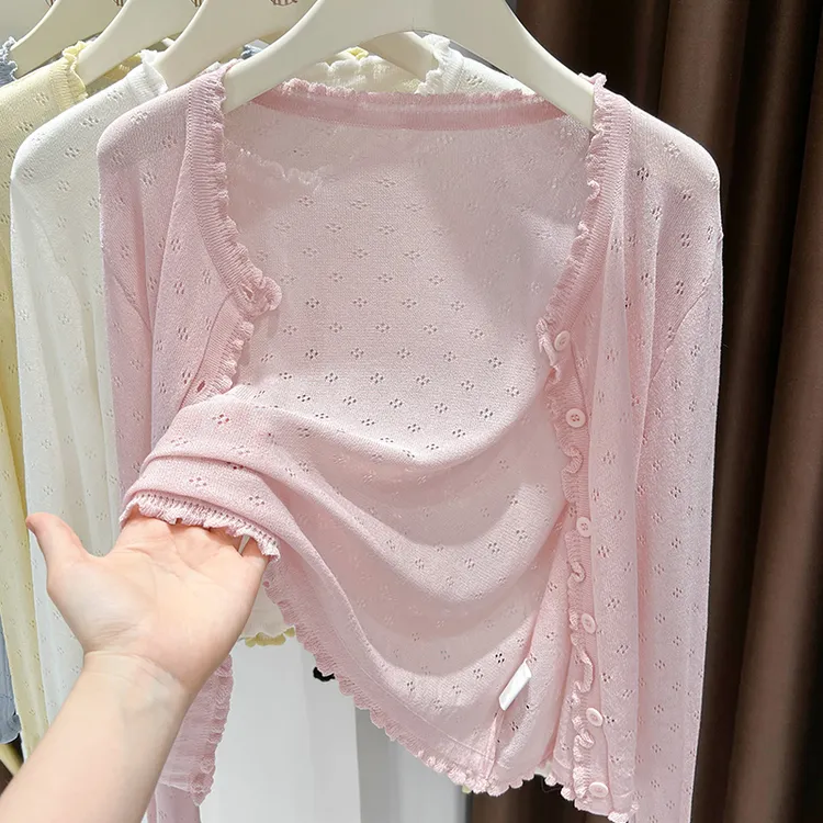 木耳边冰丝镂空针织防晒小开衫女夏季披肩搭配吊带裙长袖修身上衣