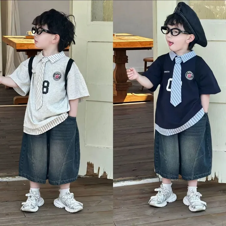 儿童套装夏季学院2025新款短袖套装儿童衬衫牛仔裤时髦两件套