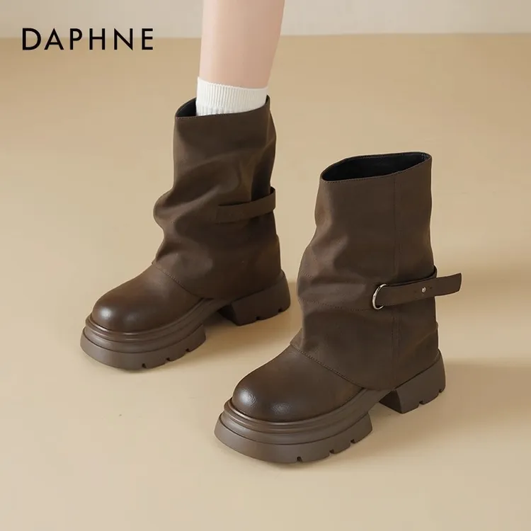 达芙妮马丁靴女2025秋季新款爆款堆堆靴美拉德棕裤管靴厚底短靴子