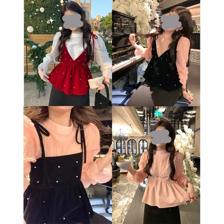 【限定氛围】韩系氛围感珍珠v领丝绒吊带上衣2026秋冬新款高级上衣
