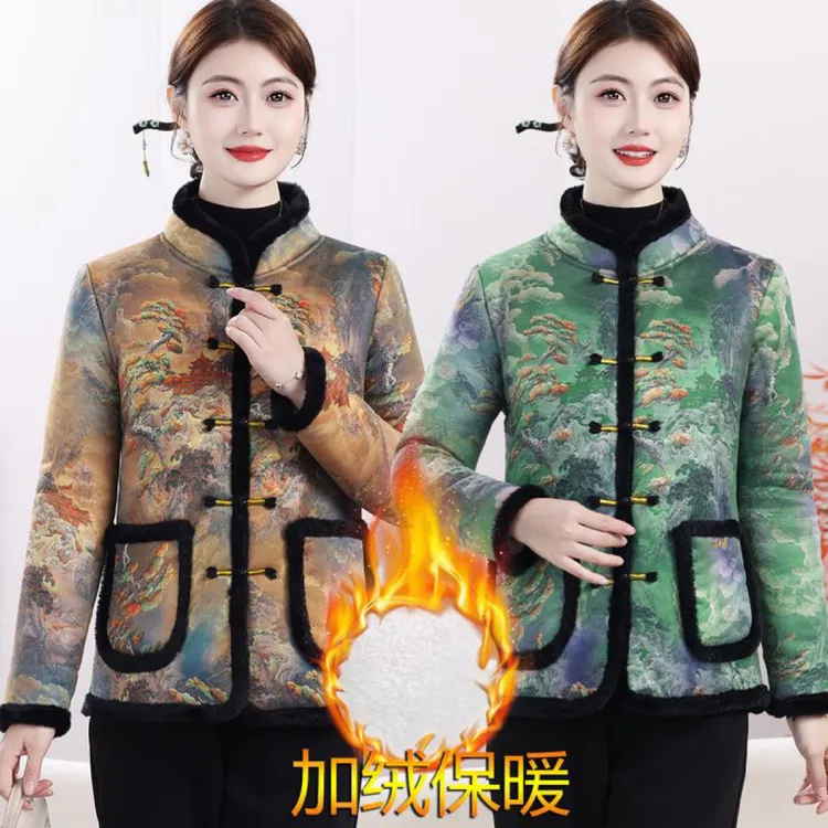 秋冬新款加绒加厚带毛边棉衣妈妈装上衣绿色山水画复古女装外套