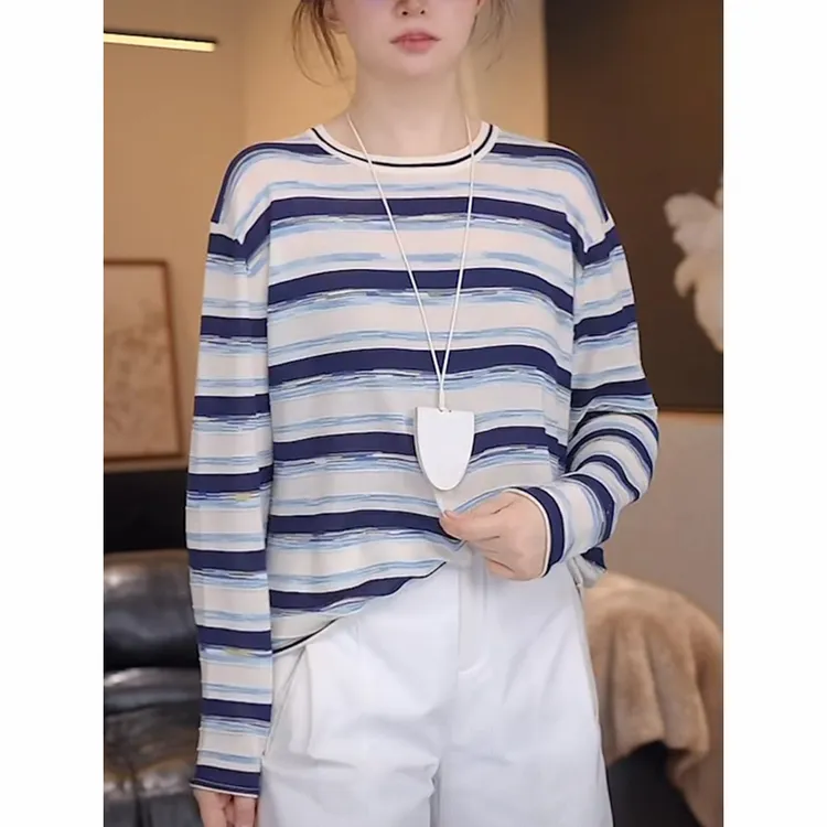 条纹长袖t恤女士2025早秋新款时尚减龄宽松显瘦防晒针织罩衫上衣