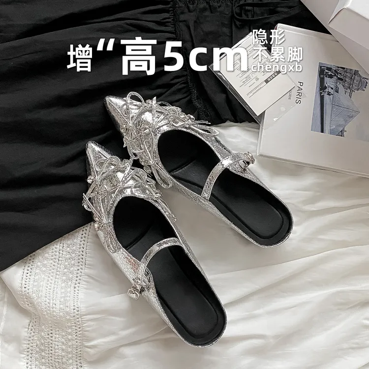 【葡萄茵】5cm内增高水钻包头半拖鞋女夏蝴蝶结玛丽珍单鞋穆勒鞋