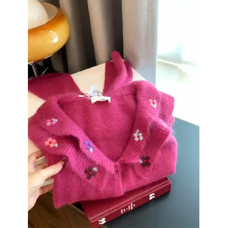 甜美风软糯舒适娃娃领设计感针织开衫漂亮树莓粉宽松休闲长袖毛衣