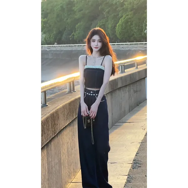 美式复古牛仔吊带上衣女款夏季新款高腰显瘦百搭阔腿长裤时尚套装