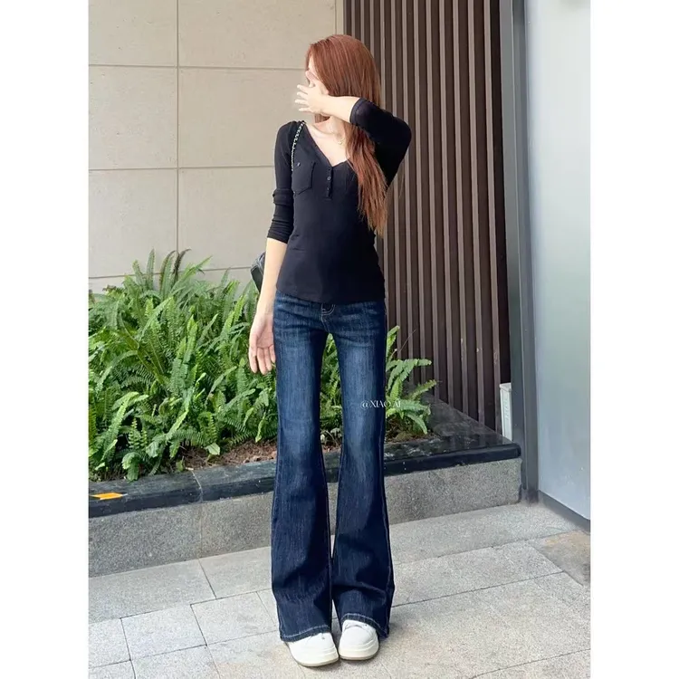 【小爱】2025秋季新款复古美式高腰宽松不贴腿辣妹微喇弹力牛仔裤女