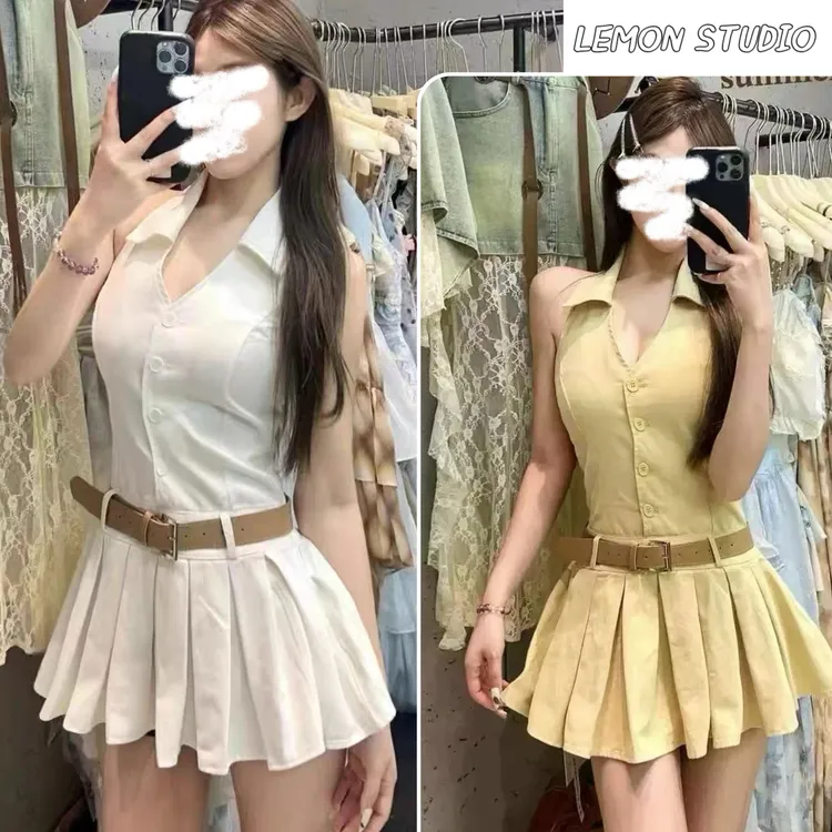 2025年夏季新款时尚减龄设计感小众背心连衣裙收腰显瘦百褶短裙女