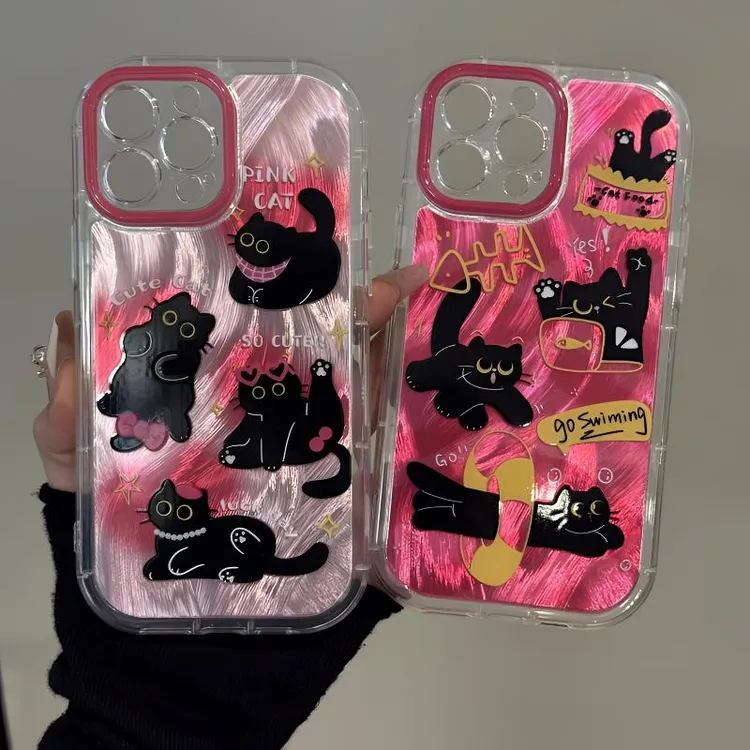 涂鸦大眼猫咪适用苹果16promax羽纱手机壳华为vivo新款小米15OPPO