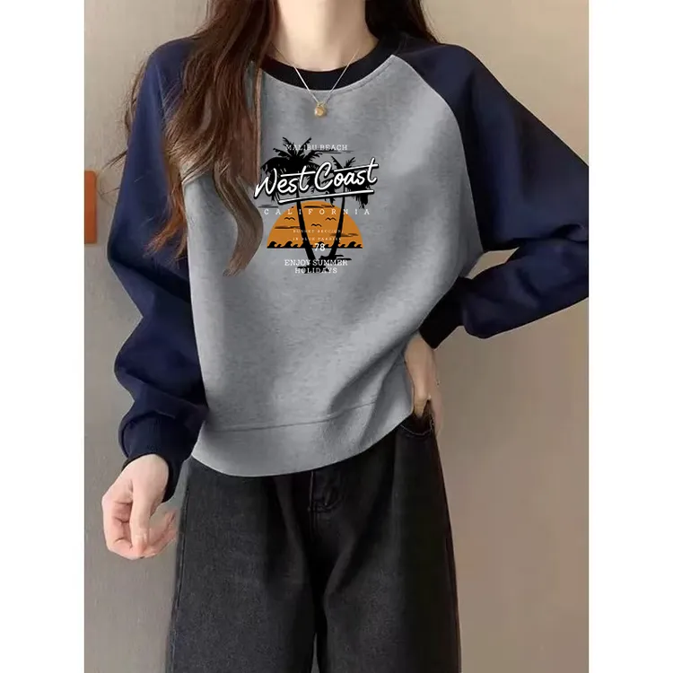 2025秋冬新款长袖加绒卫衣韩版时尚百搭加绒宽松大码撞色插肩外套