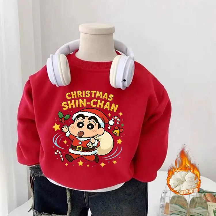 男女童秋冬季新款儿童红色圆领卫衣中大童宝宝卡通小新圣诞节上衣