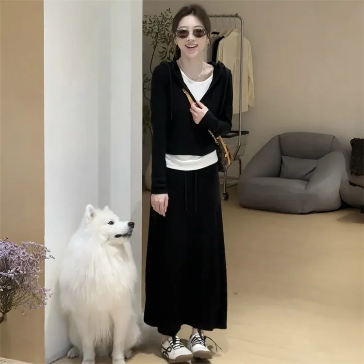韩系慵懒风纯色假两件连帽卫衣高腰半身裙两件套套装女2025早秋款