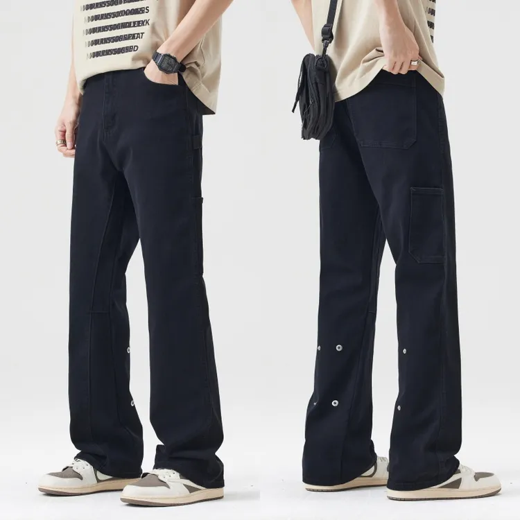 美式高街牛仔裤男直筒裤黑色显瘦微喇设计师款vibe裤子痞帅感男裤