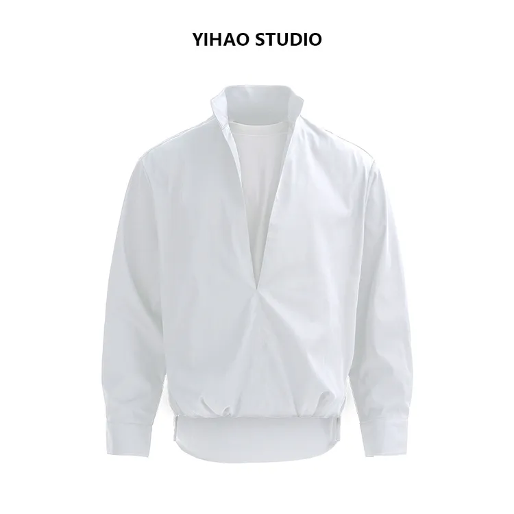 YIHAO STUDIO秋季男款假两件X纯色衬衫高级休闲宽松翻领长袖衬衣