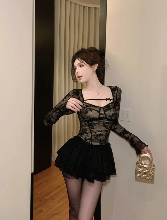 纯欲风气质拼接重工蕾丝上衣女2025春季新款小众设计蕾丝显瘦半裙