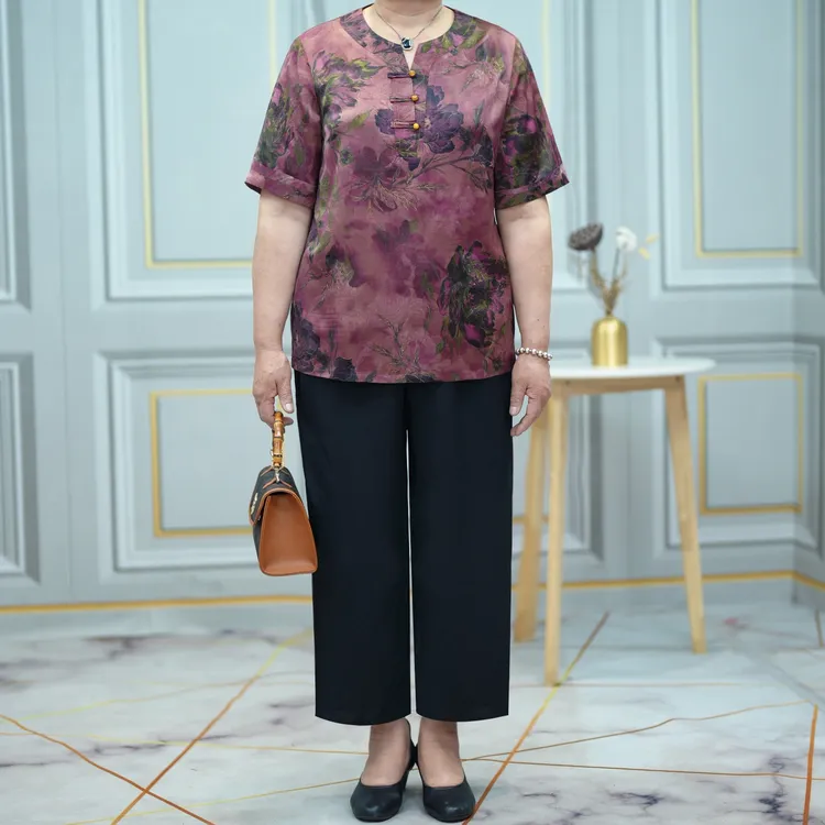 大码妈妈装国风小V领印花套装2025夏中老年洋气直筒裤两件套宽松