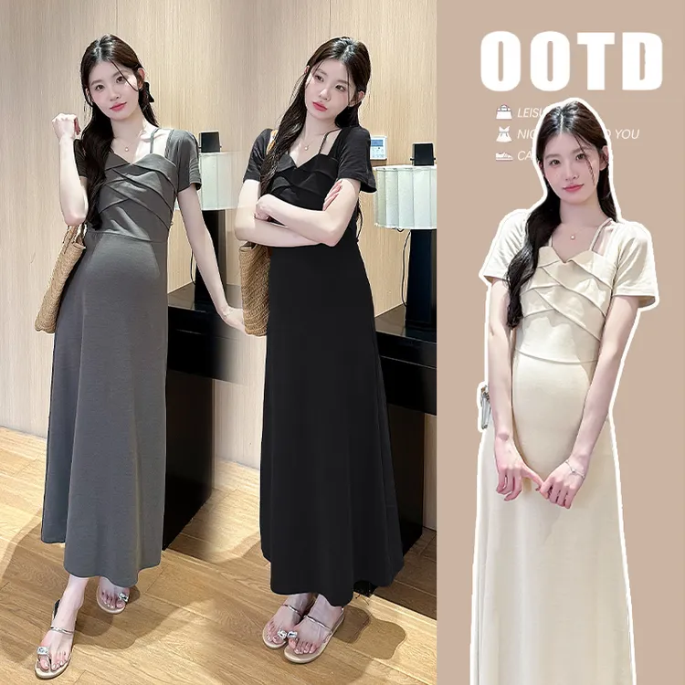 孕妇夏装连衣裙2025新款棉质短袖高品质修身法式外出夏季薄款裙子