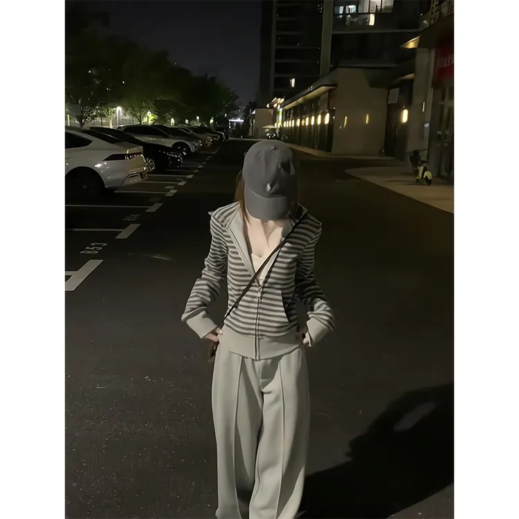 2025新款女士早秋季美式复古撞色条纹连帽拉链开衫卫衣外套阔腿裤