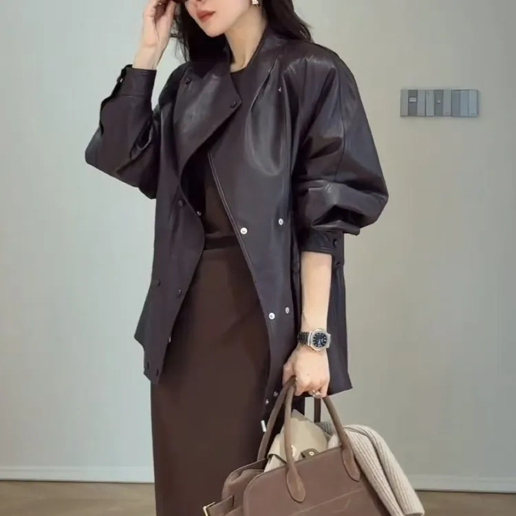 学院风千金风薄款长袖中长款皮衣高腰秋冬套装黑色