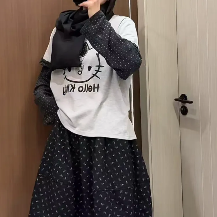 韩系小众碎花袖子假两件Kt休闲宽松舒适长袖女碎花短裙