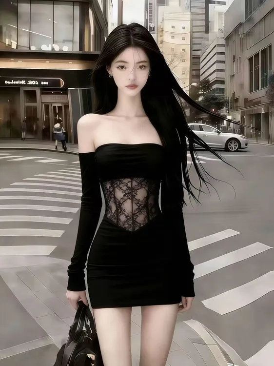 秋冬季静奢纯欲性感黑色一字肩露肩抹胸修身长袖收腰包臀连衣裙