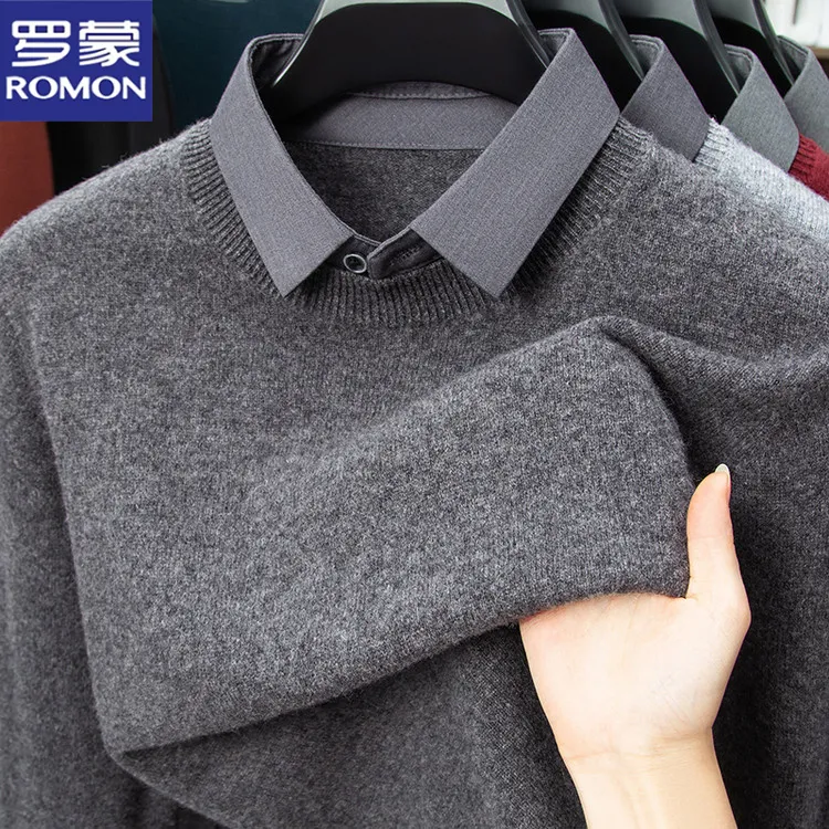 罗蒙冬季假两件毛衣男款爆款100%纯羊毛2025新款正品内搭羊毛衫男
