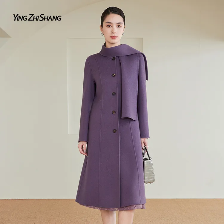 【100绵羊毛】赢智尚气质葡萄紫色高品质双面呢大衣女显瘦ZL00359