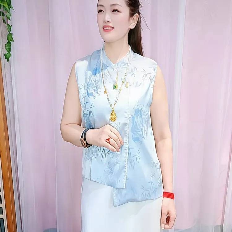【谦型】立领提花夏季女士简约风薄款百搭马夹短款气质晕染度假风