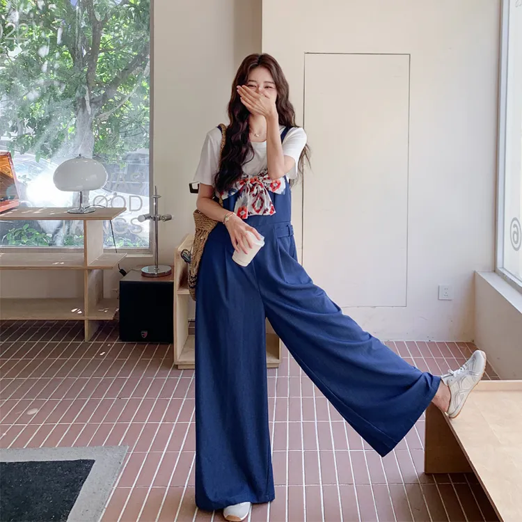 蝴蝶结牛仔背带裤T恤套装2025夏季新款松弛感穿搭阔腿裤两件套潮