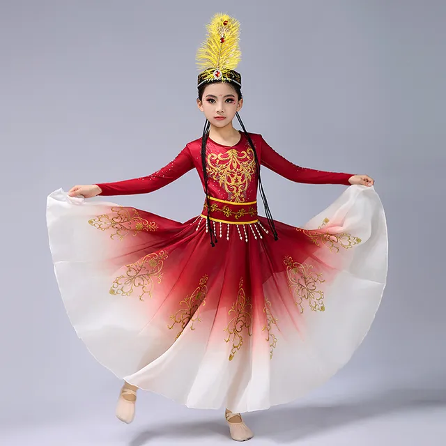 新疆舞蹈演出服儿童新款维吾尔族石榴红连衣裙服装民族维族大裙摆