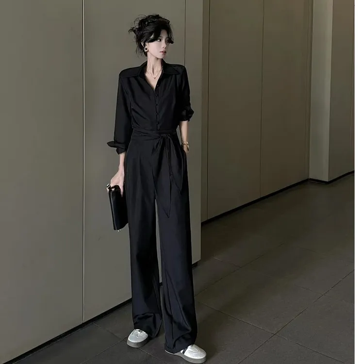 洋气衣服女早春法式小众设计黑色时尚高腰阔腿裤气质休闲套装女