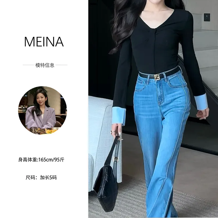 MEINA专属【记忆氛围】春夏拼接衬衫袖设计感百搭修身显瘦针织衫