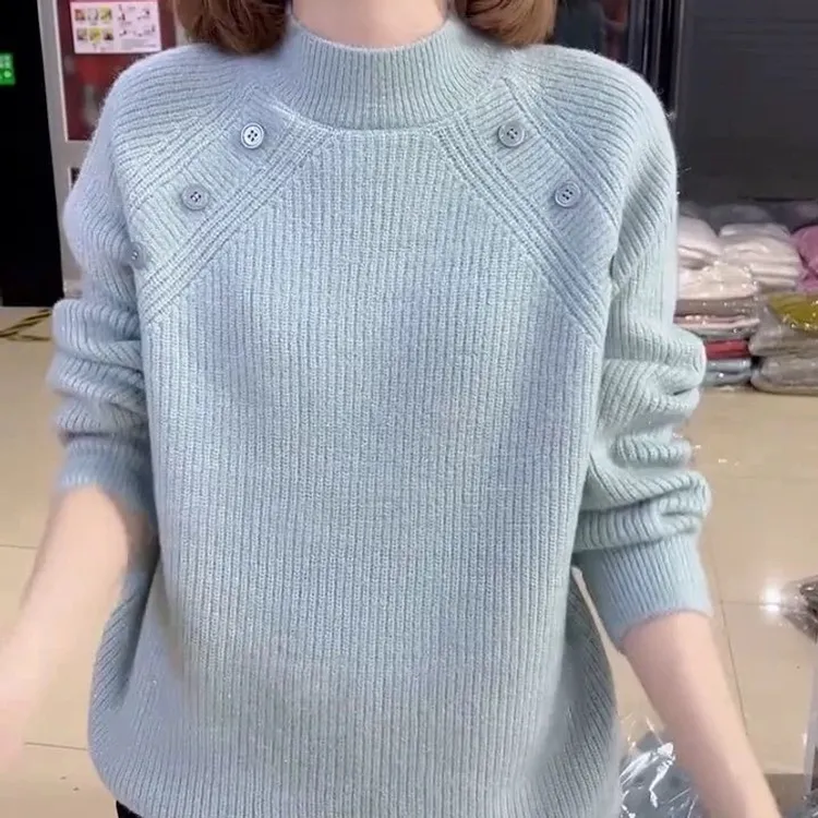 加厚半高领毛衣女2024秋冬新款宽松洋气保暖百搭打底针织衫上衣女