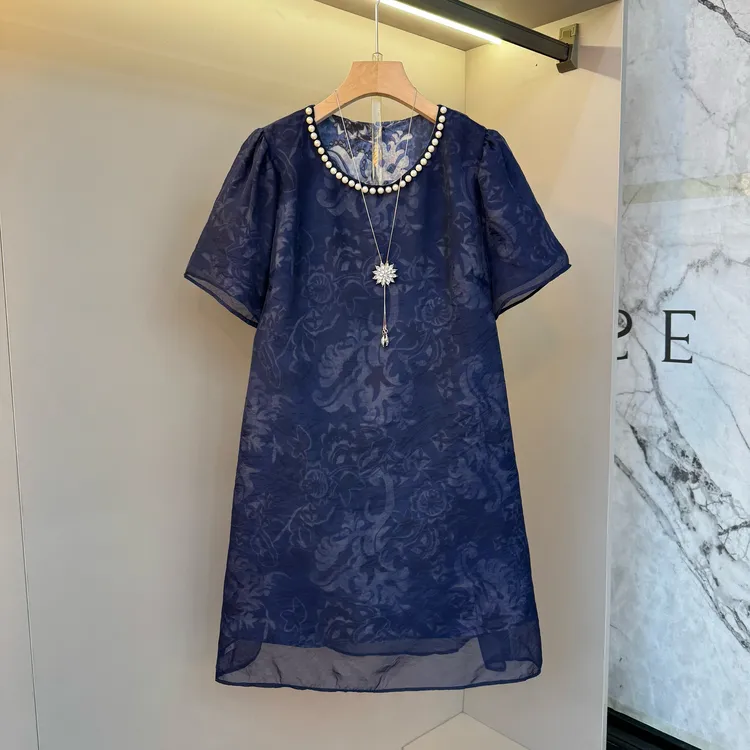 2025新款欧货珍珠圆领欧根纱泡泡袖胖mm宽松慵懒度假风连衣裙8802