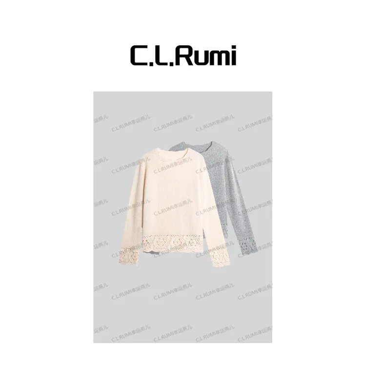 【Rumi精选】“告白”高克重100山羊绒钩花圆领宽松针织羊绒衫7340my