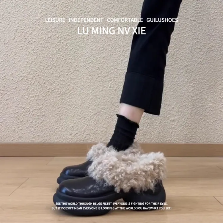 羊皮版~2025秋冬新款复古风方头粗跟乐福鞋女款厚底一脚蹬加绒鞋