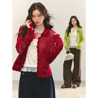 AsGony 韩系镂空立体花朵钩针翻领开衫上衣温柔慵懒风百搭针织衫