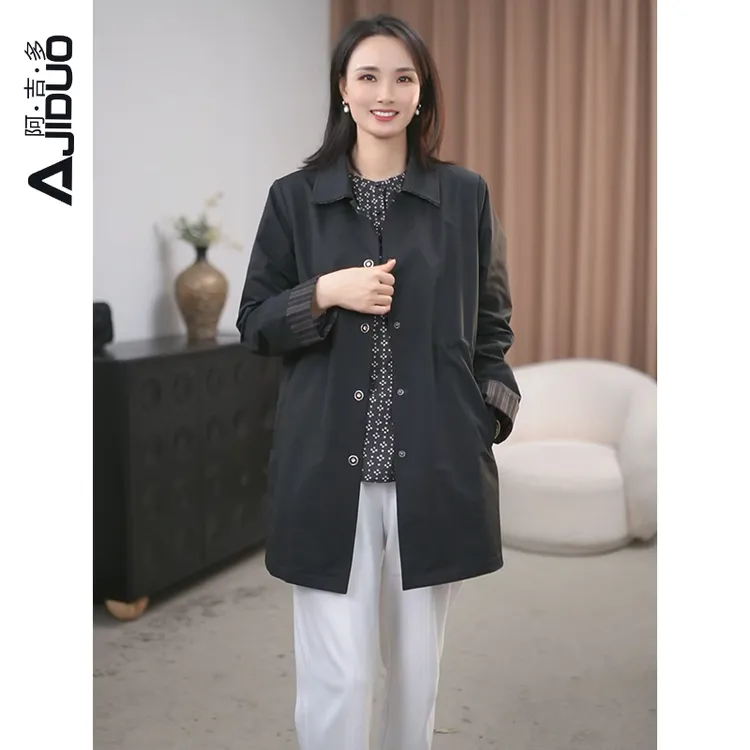 阿吉多A32783中长款黑色风衣外套女2025秋装新款高端气质百搭上衣