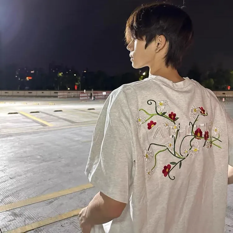 美式重磅刺绣花卉字母短袖T恤男2025新款夏季小众设计感宽松半袖