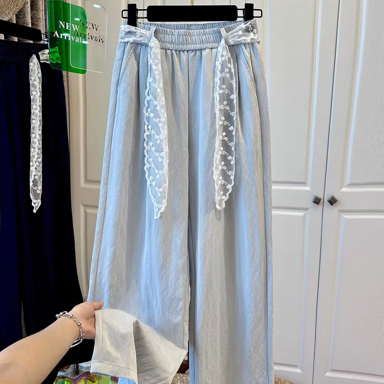 蕾丝腰带阔腿裤夏季女新款棉麻大码拖地裤时尚宽松直筒休闲韩版潮